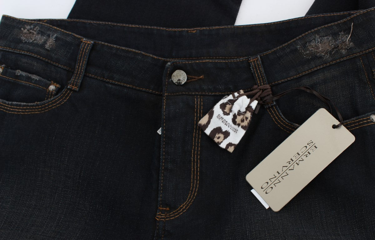 Pair of blue jeans with a tag on the waistband