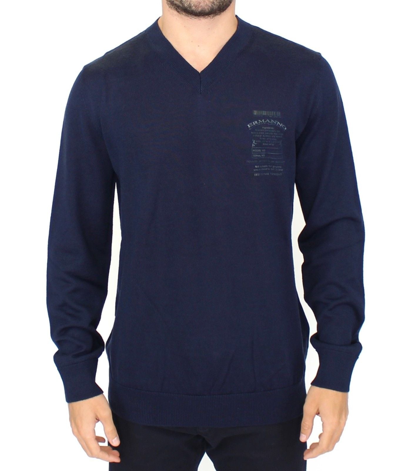 Navy blue long sleeve sweater with a V-neckline