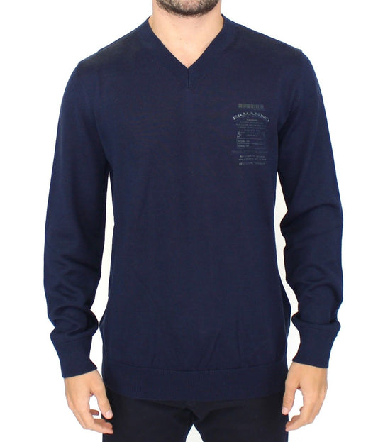 Navy blue long sleeve sweater with a V-neckline