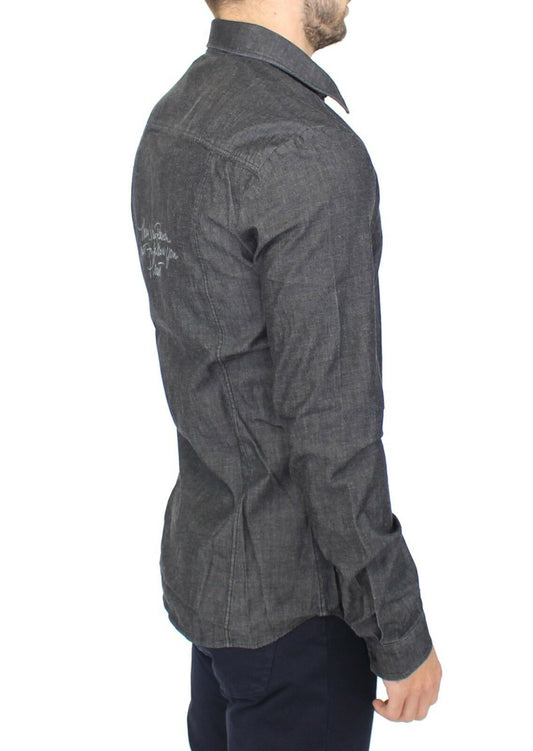 Man wearing dark denim shirt