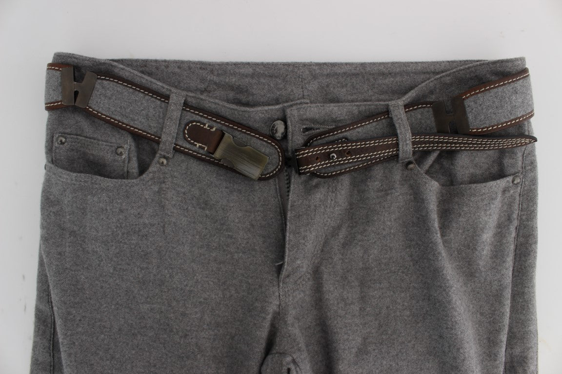 Grey cargo shorts with belt loops and a metal buckle
