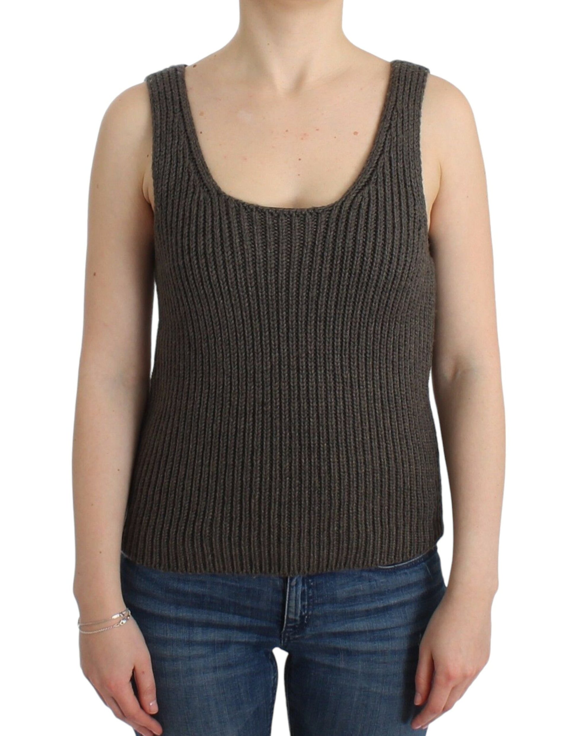 Brown knit tank top on woman