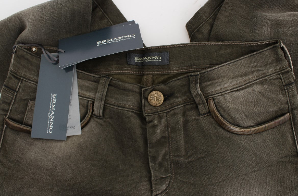 Pair of brown jeans on a hanger