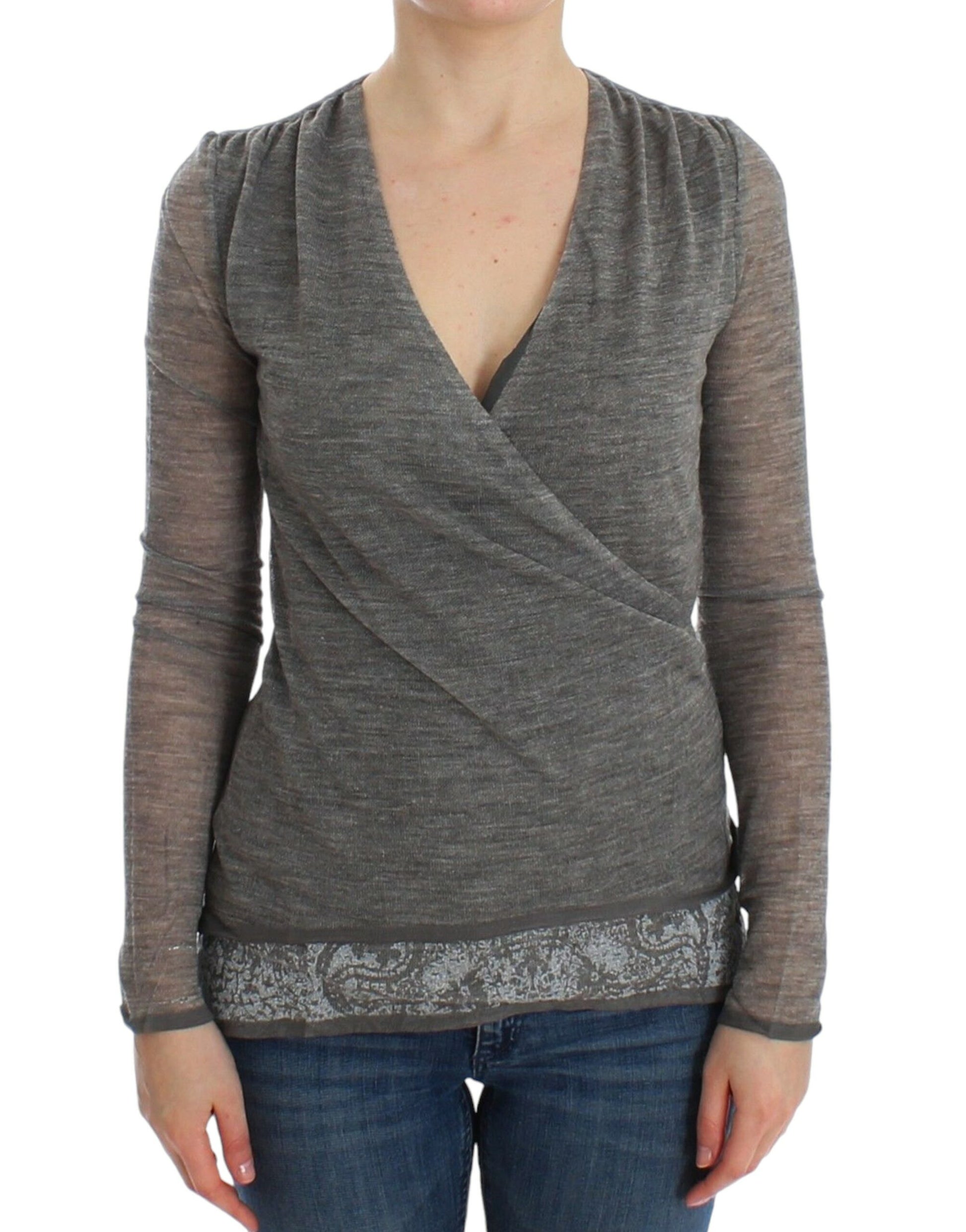 Long sleeve knit sweater with ruched detailing at neckline