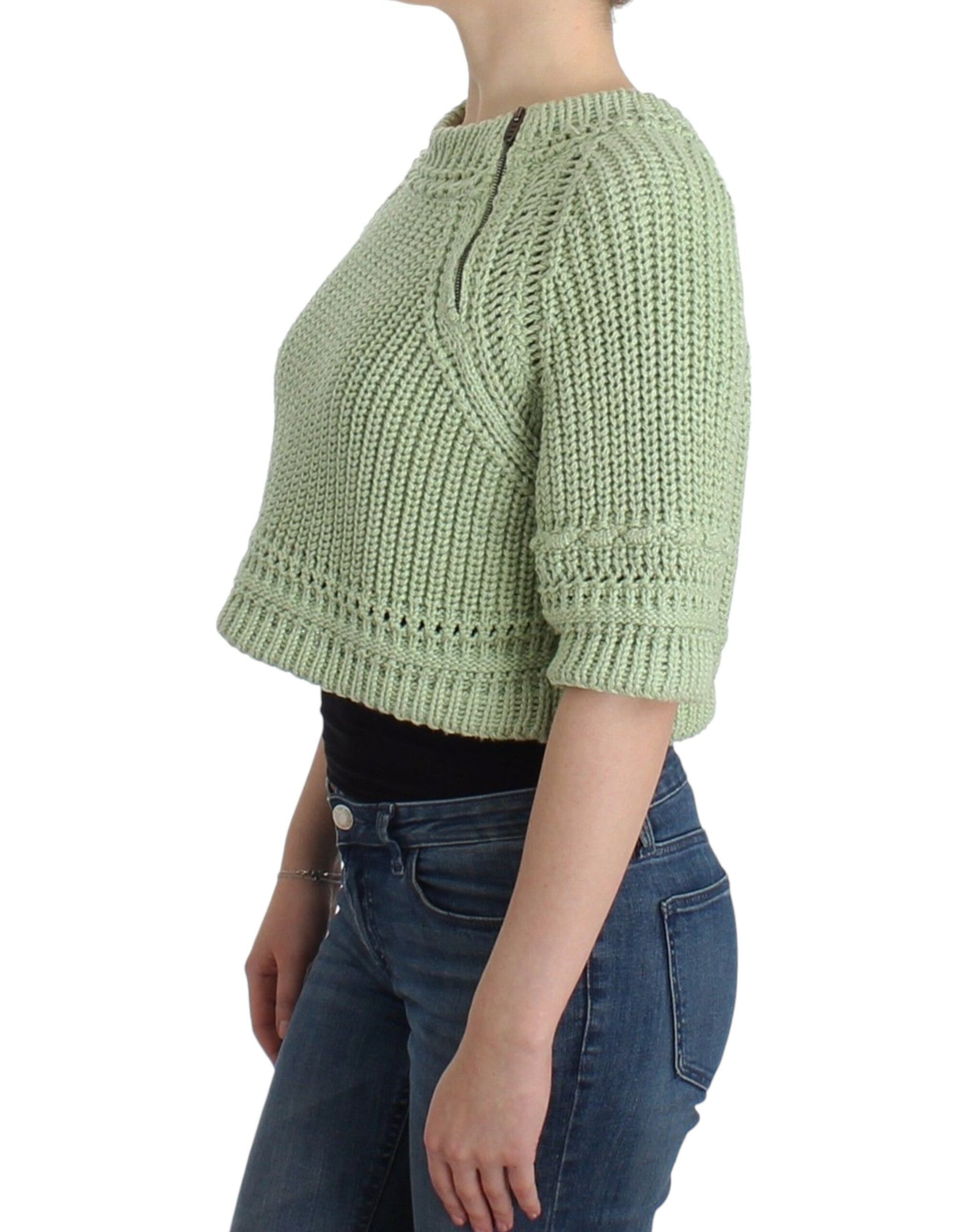 Woman wearing crocheted sweater
