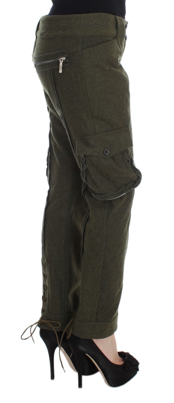 Pair of camouflage pants with zippered pockets and a high waist