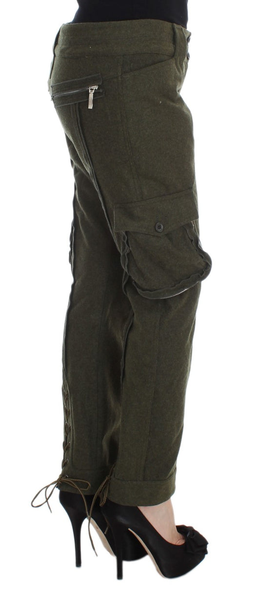 Pair of camouflage pants with zippered pockets and a high waist