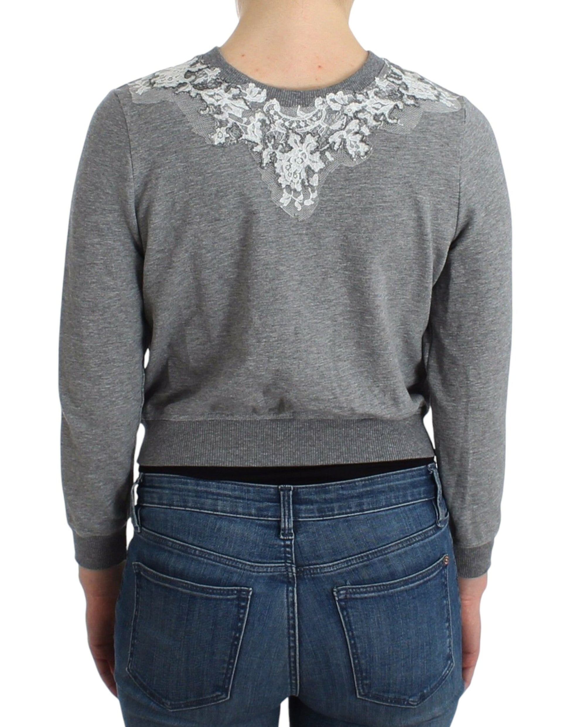 Grey long sleeve sweater with lace detail on back