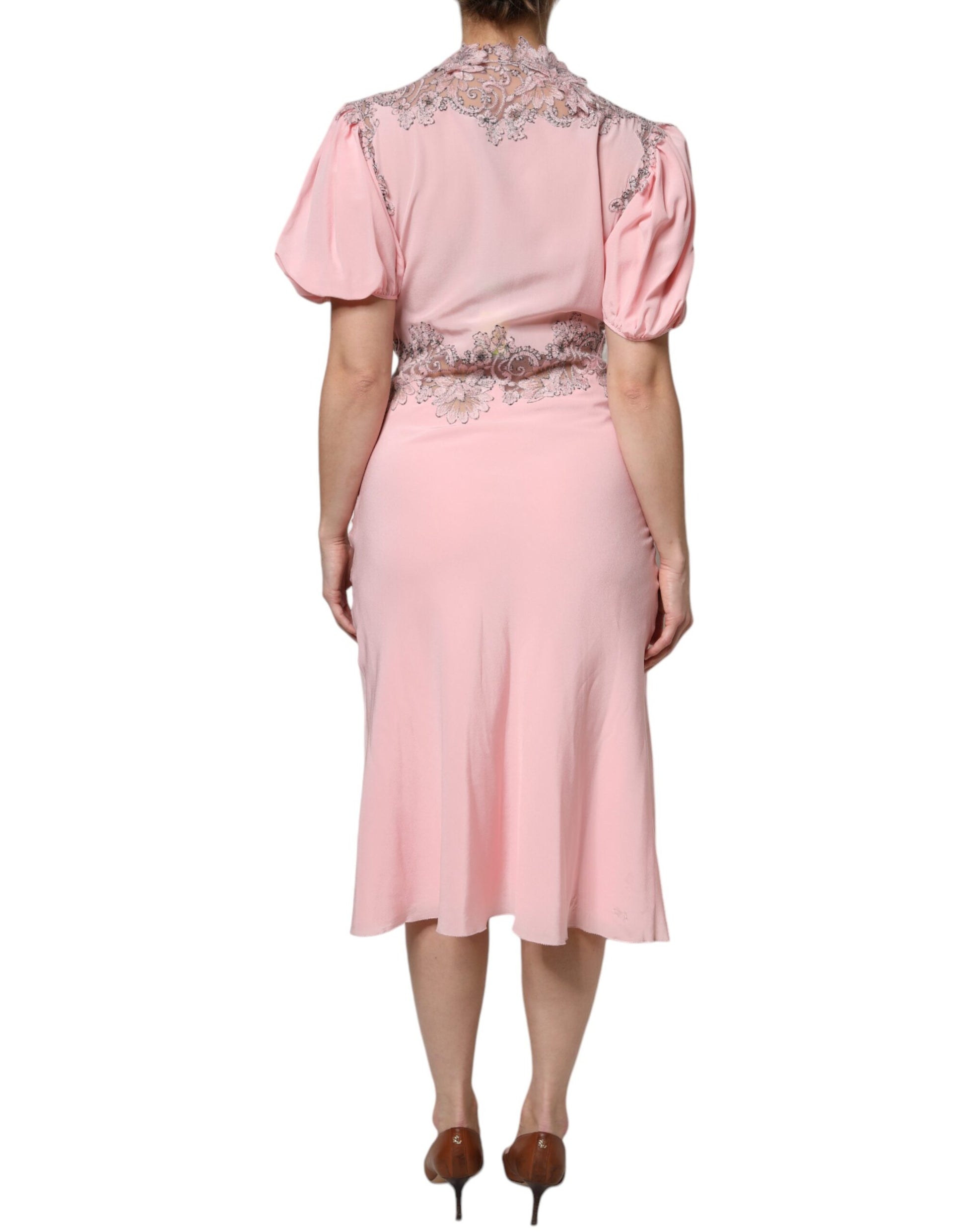 Pink floral lace midi dress with short sleeves and V-neck