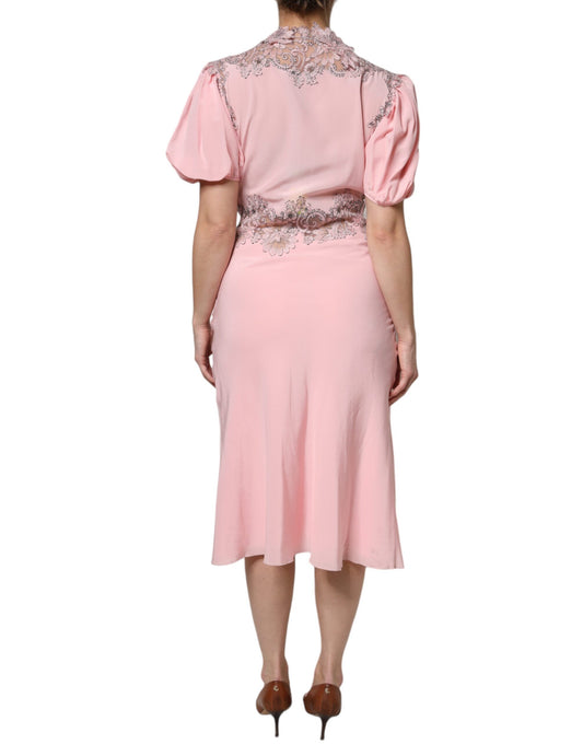 Pink floral lace midi dress with short sleeves and V-neck