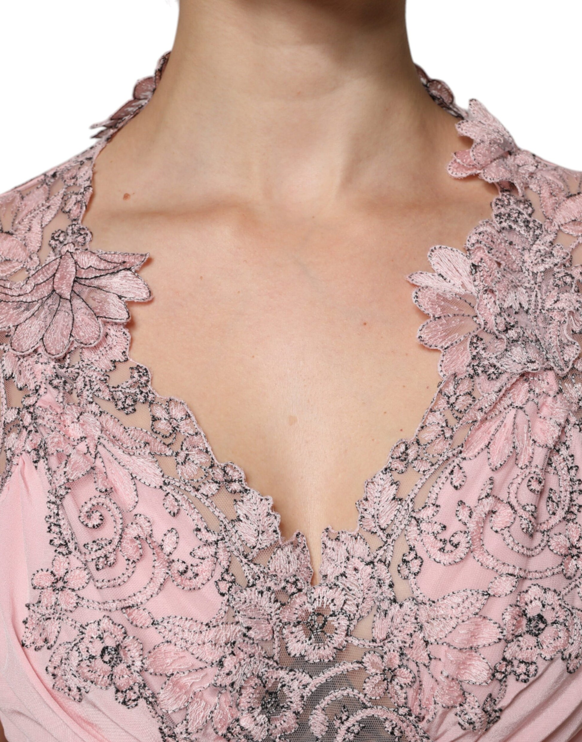 Pink floral lace midi dress with short sleeves and V-neck