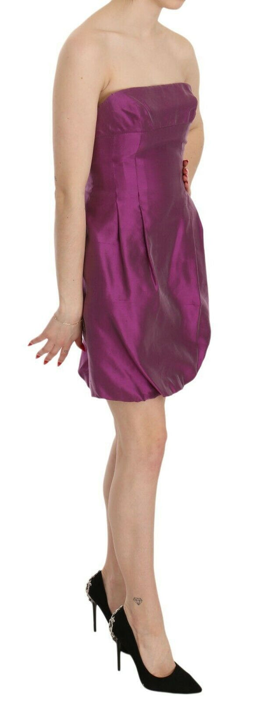 Purple halter backless midi dress with ruched bodice and pleated skirt