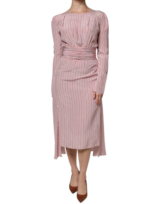 A long sleeve midi dress with pink stripes and a silky texture