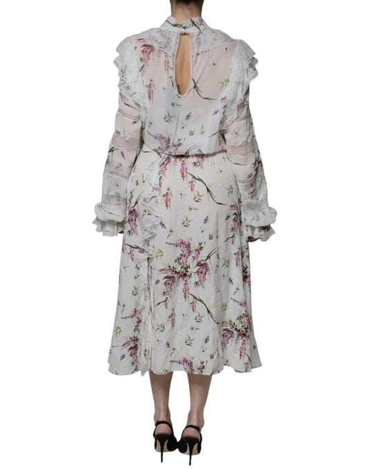 A long white floral lace maxi dress with ruffled sleeves