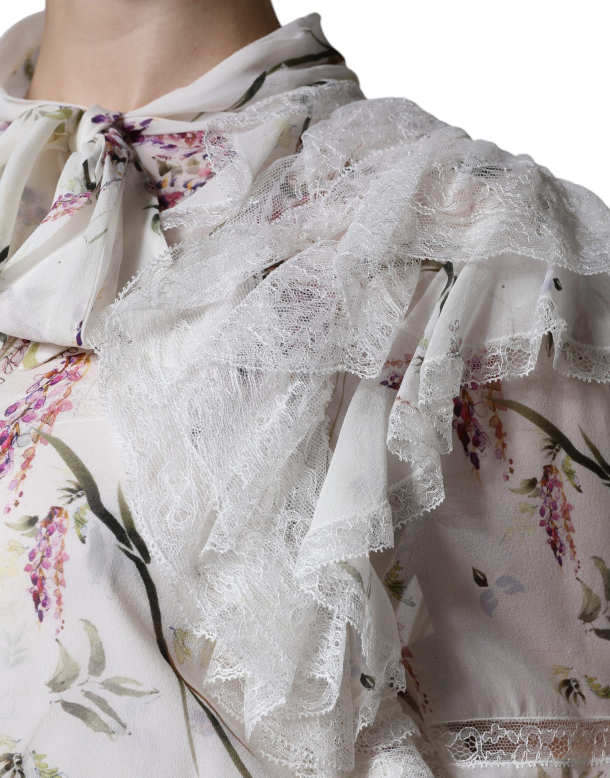 A white floral lace maxi dress with ruffled sleeves