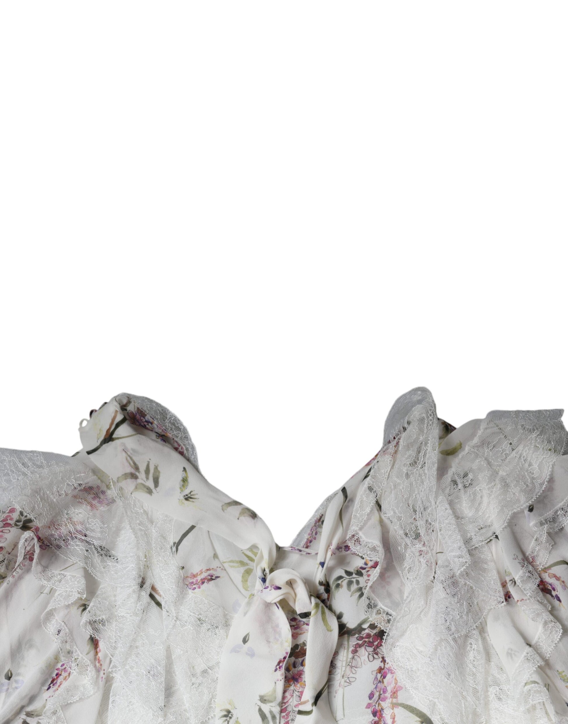 A white floral ruffle lace maxi dress with long sleeves