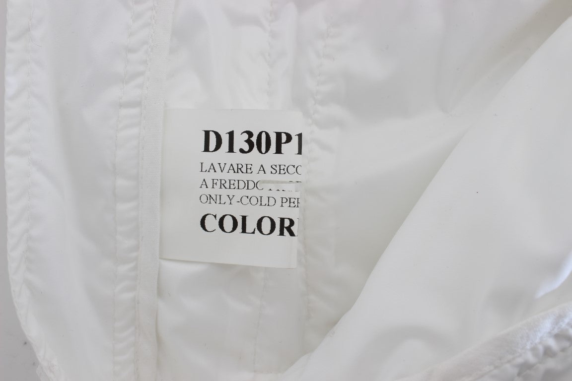 White jacket with black label on front