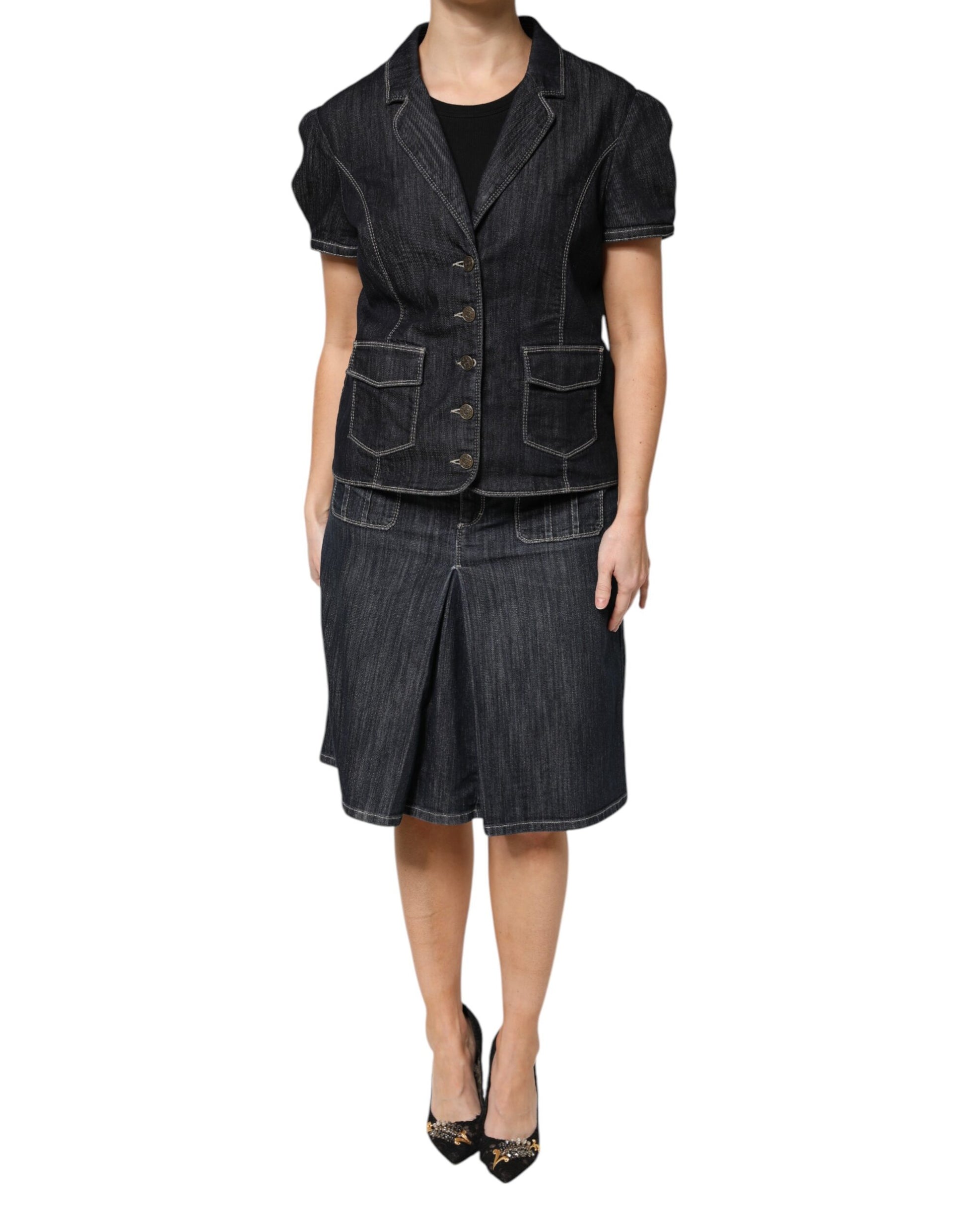 Woman wearing denim skirt and jacket