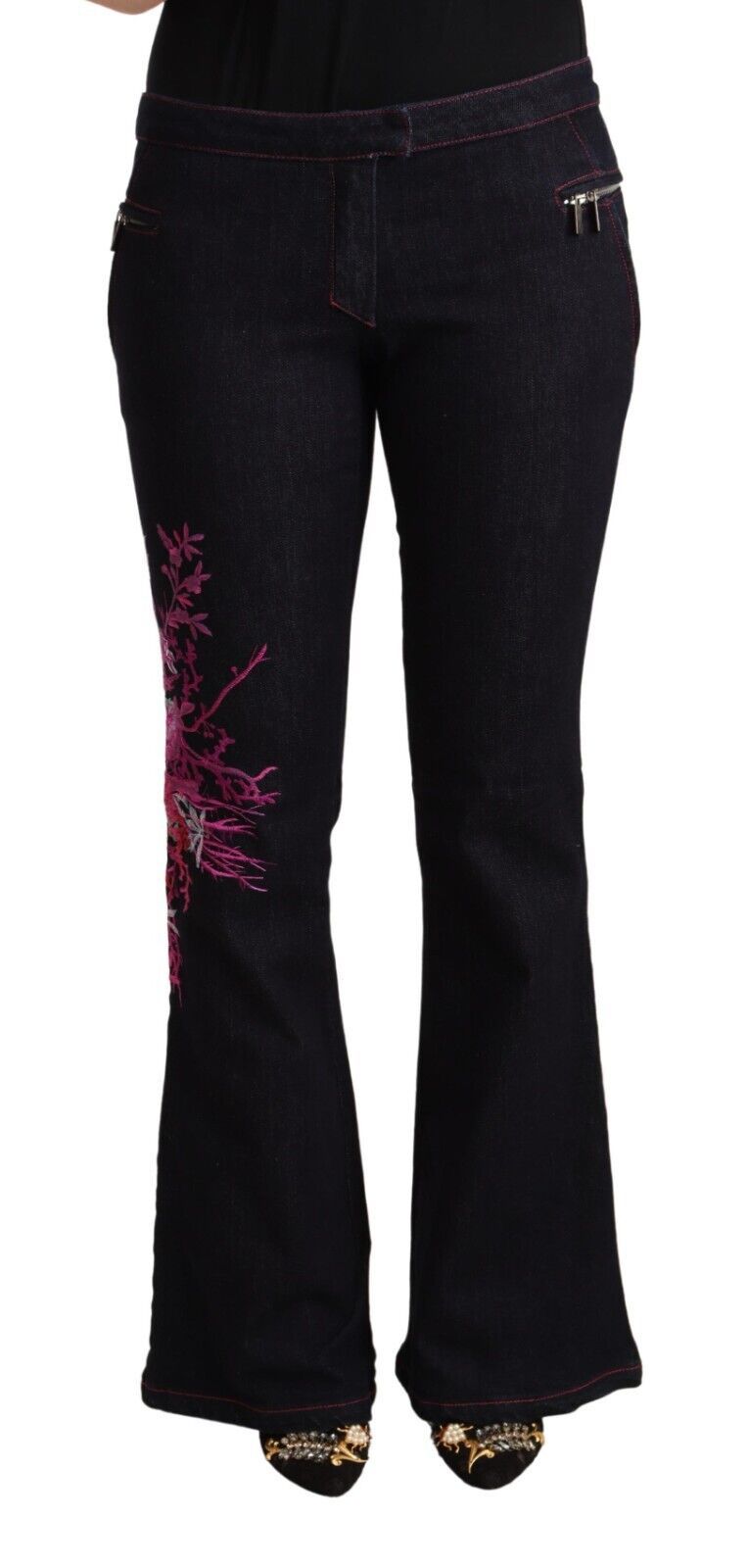 Pair of black pants with floral embroidery on legs