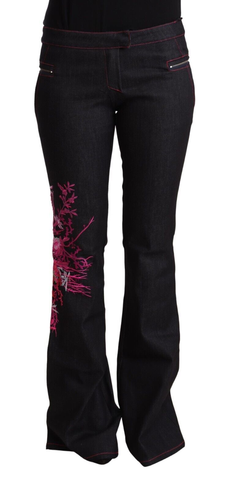 Pair of black jeans with pink floral pattern on legs