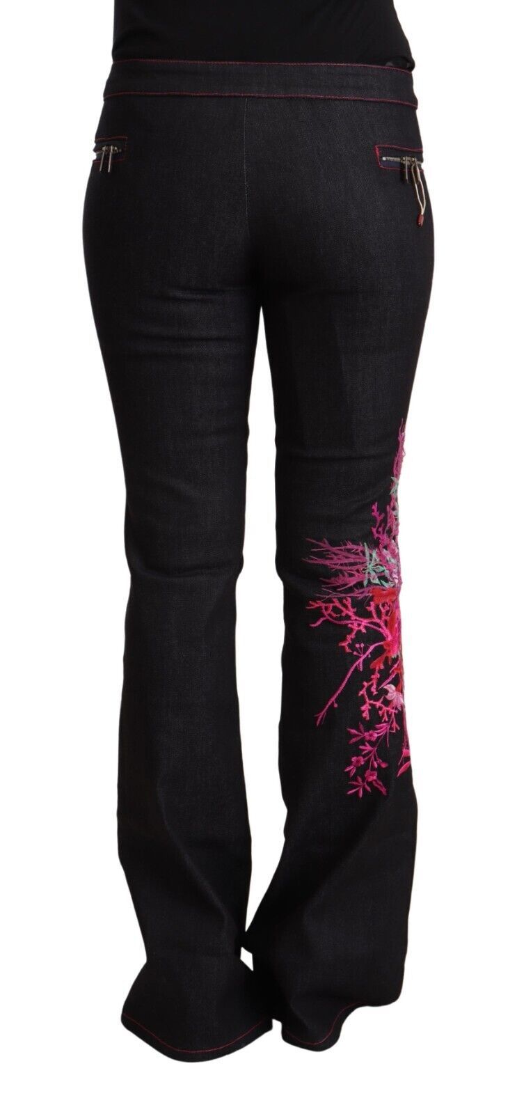 Pair of black jeans with pink floral pattern on legs