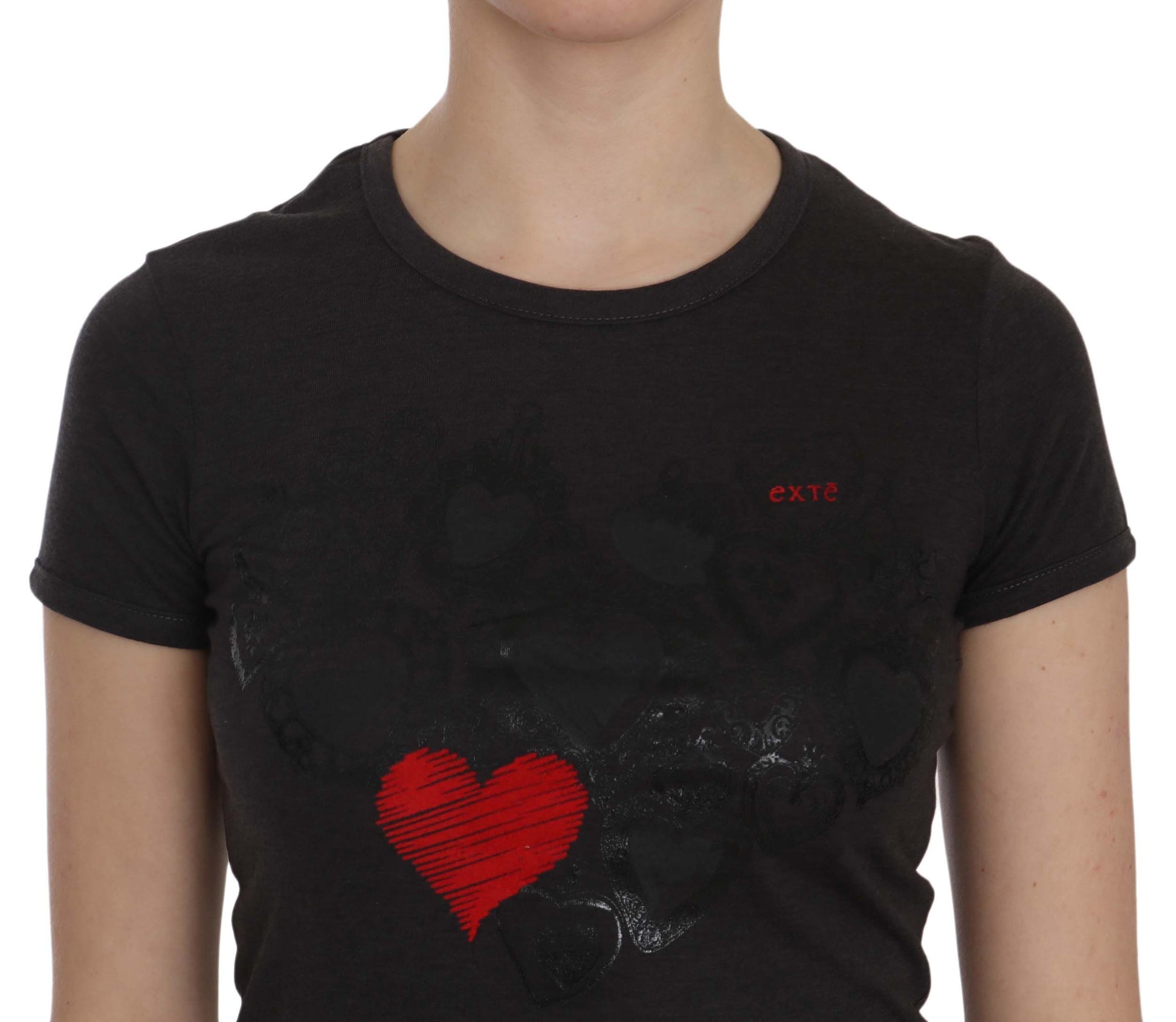 Black t-shirt with heart graphic on front