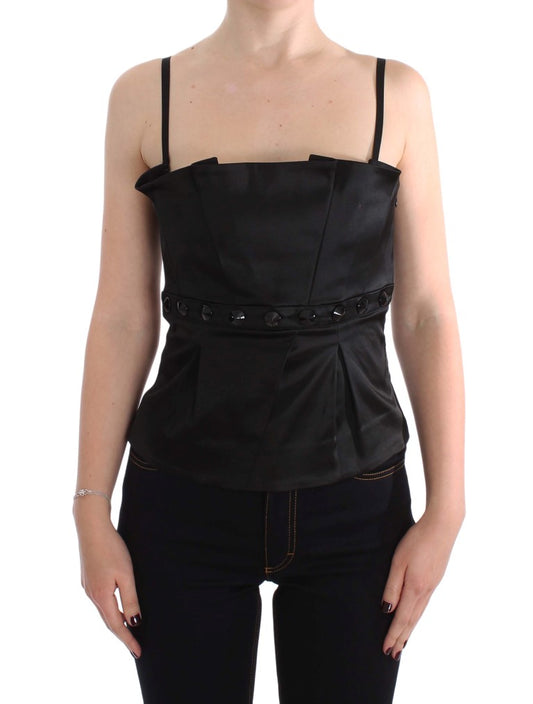 Black sleeveless top with ruffled neckline