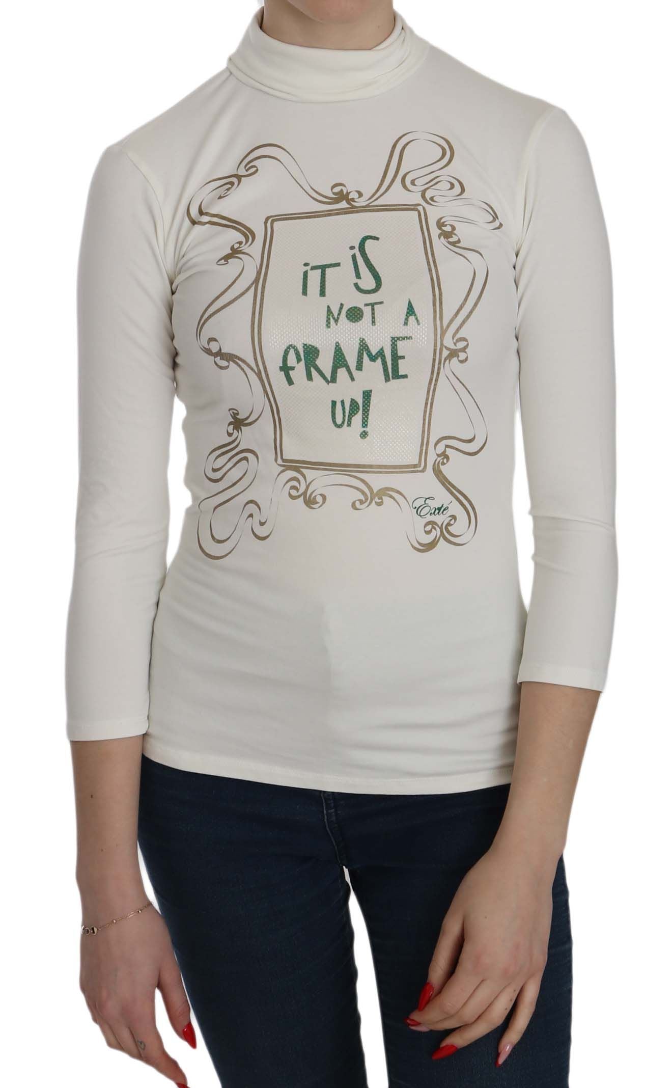 Long sleeve white sweater with black text on front
