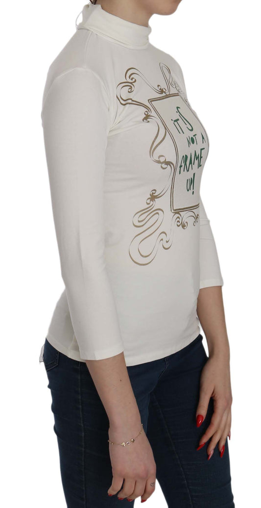 Long sleeve white turtleneck sweater with embroidered design on front