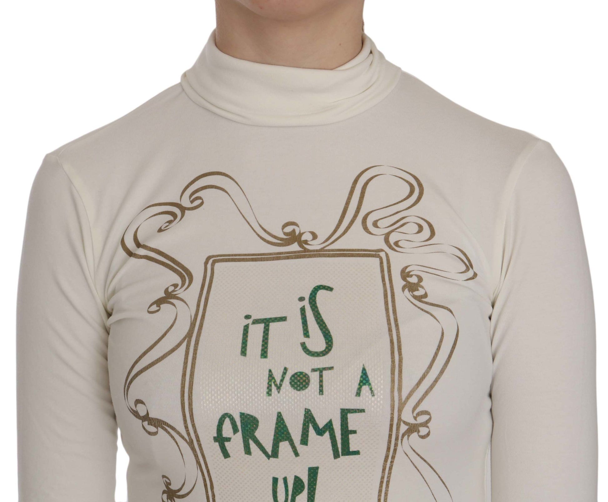 White long sleeve shirt with black writing on front