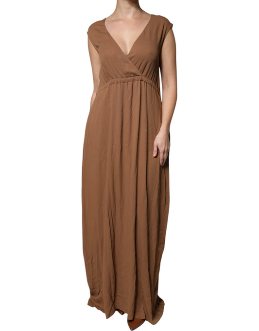 Brown sleeveless maxi dress with deep V-neck and A-line silhouette