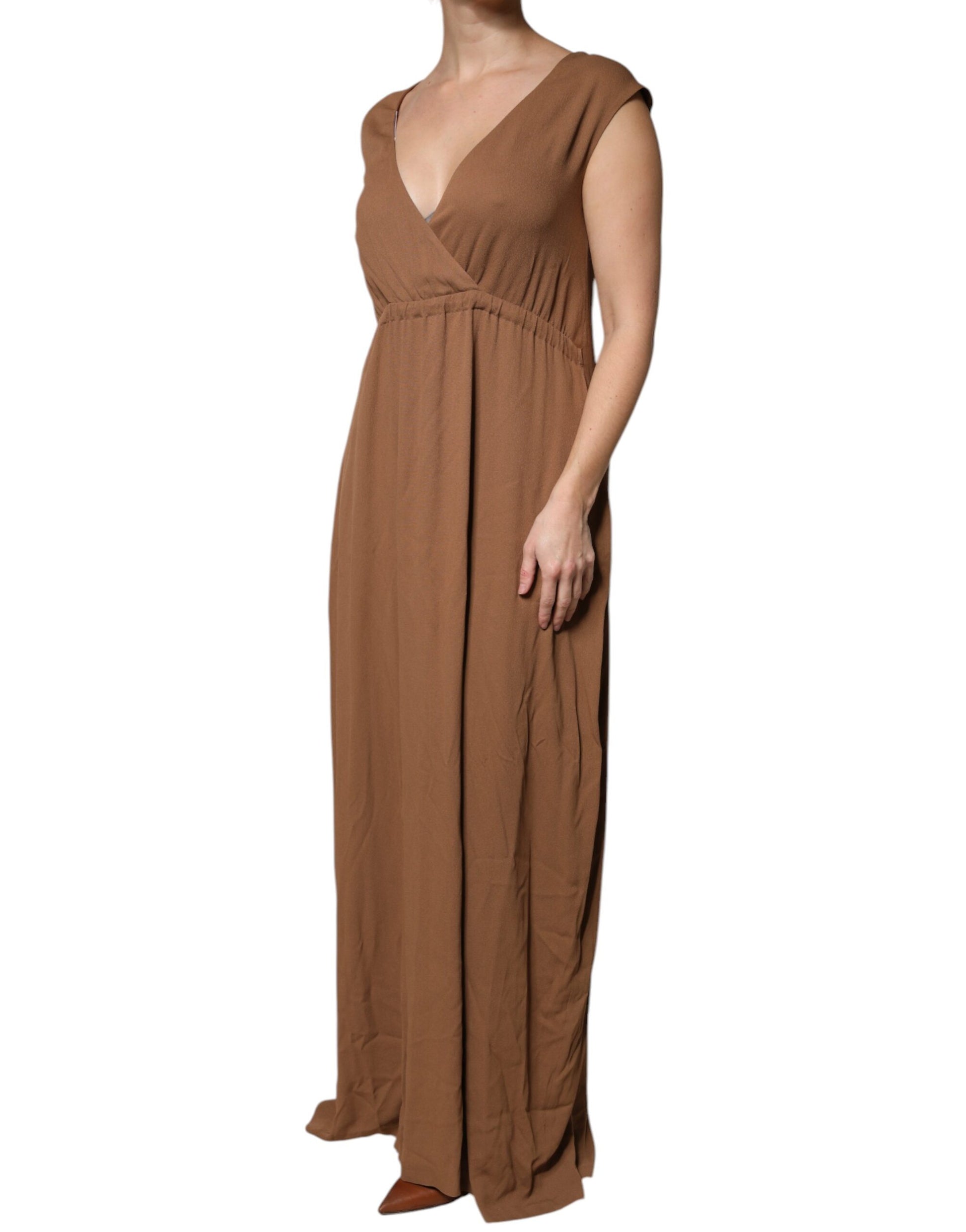 Brown sleeveless maxi dress with deep V-neck and A-line silhouette