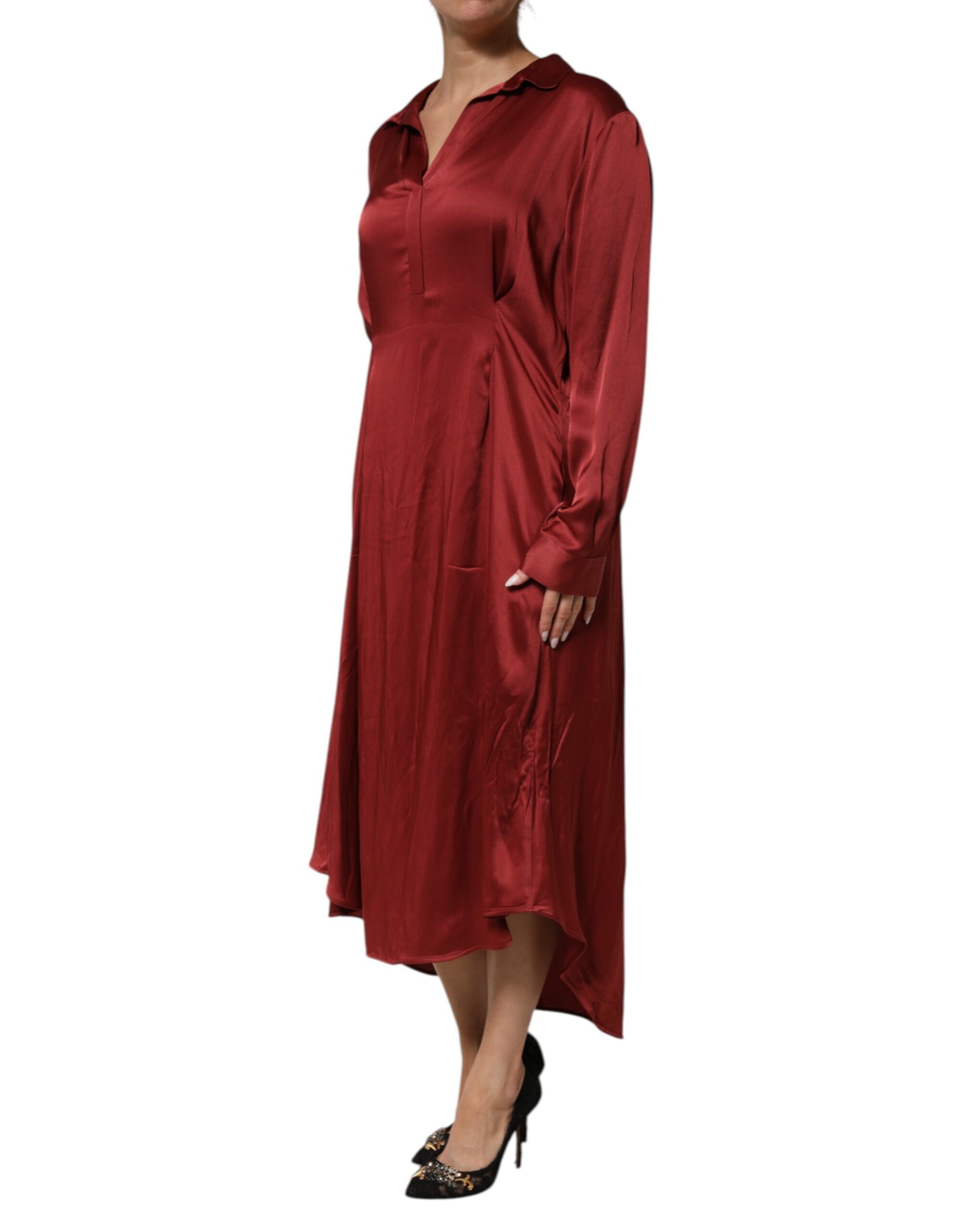 A long burgundy dress with a satin finish and acetate viscose material