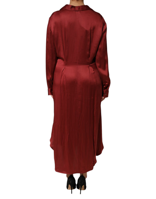 A long burgundy dress with a satin and viscose blend fabric
