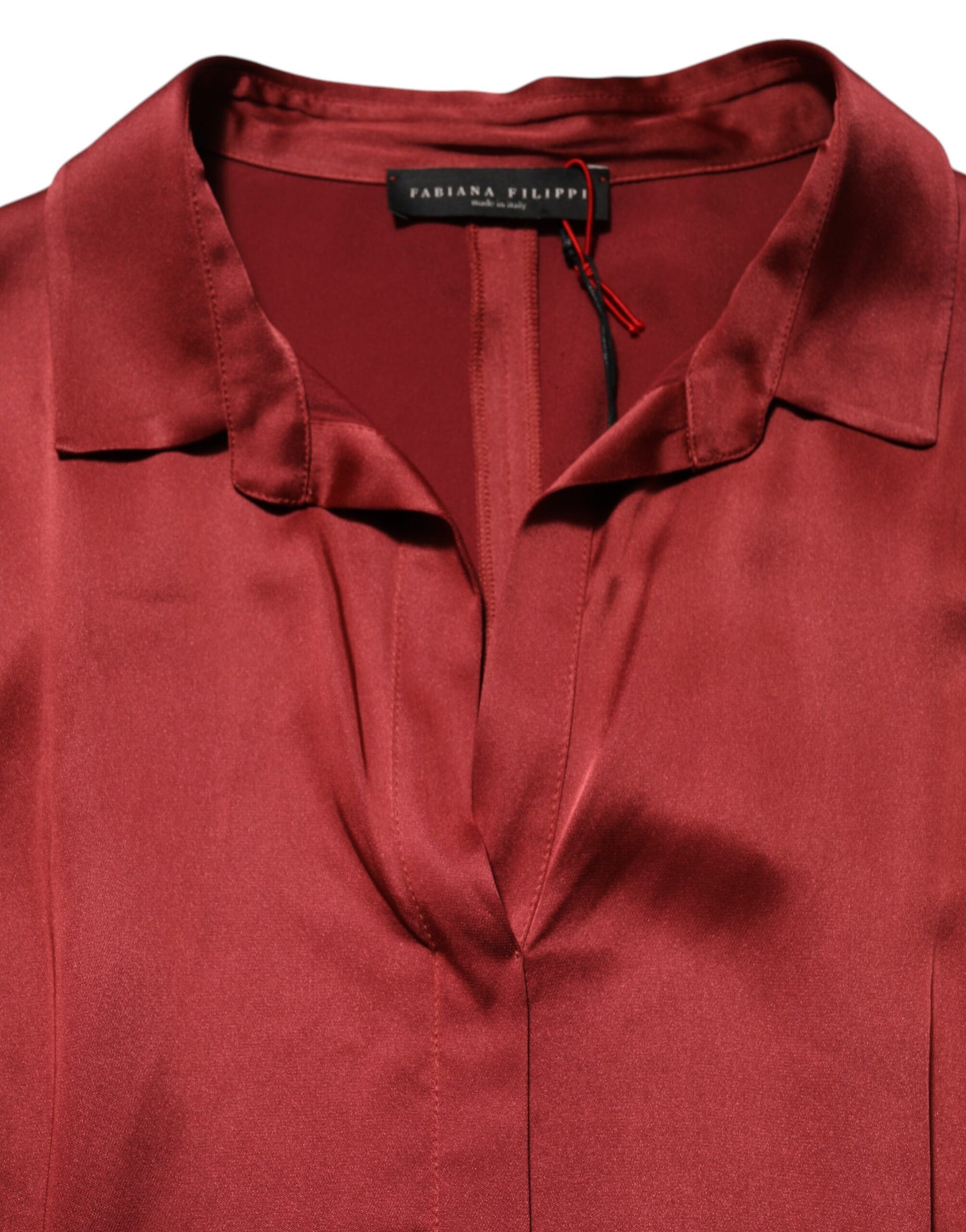 Red satin long dress with collar, zip closure and button detailing