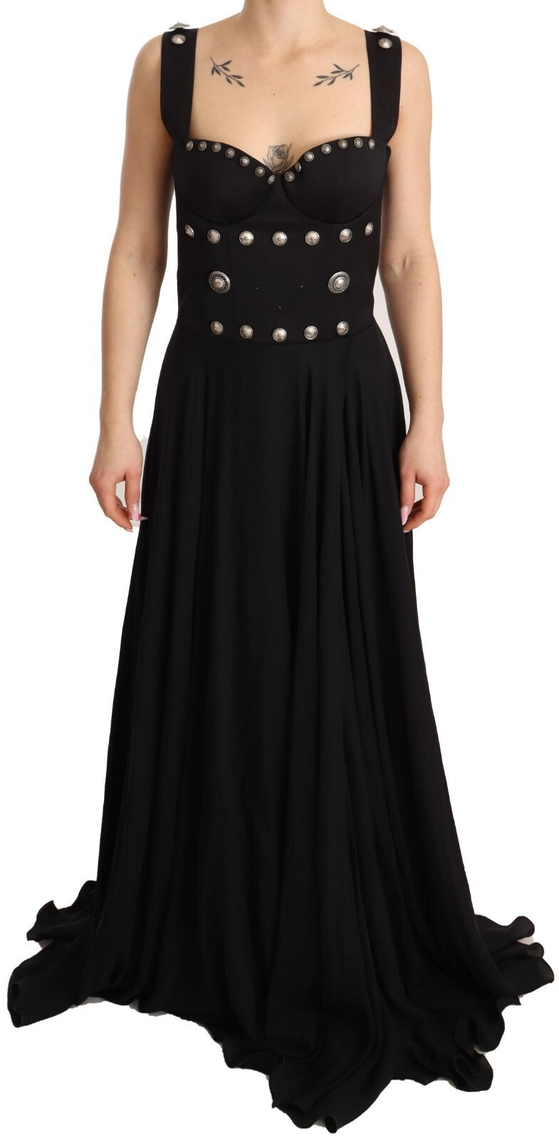 Long black silk dress with studded detailing and sleeveless design