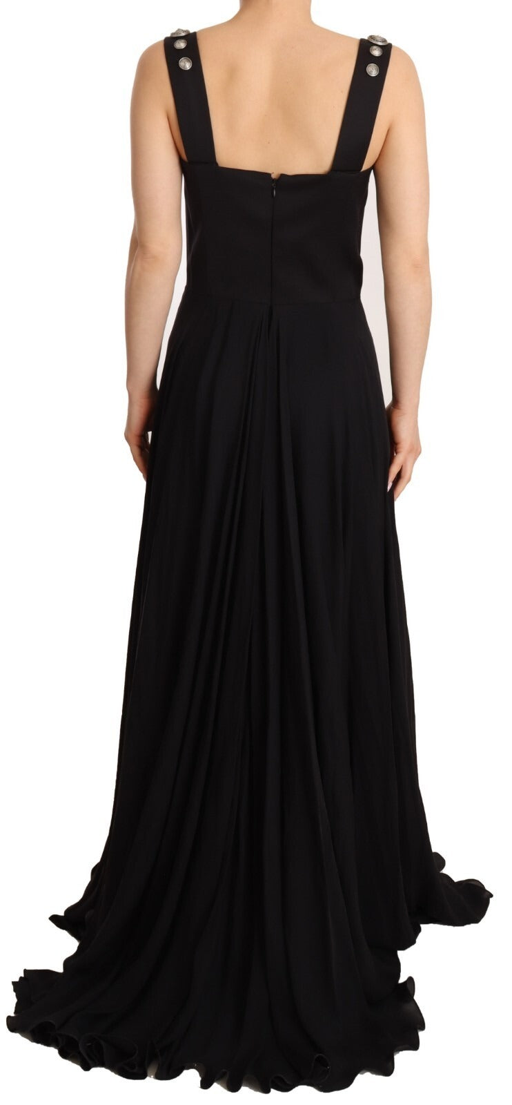 Long black silk dress with studded detailing and a-line skirt