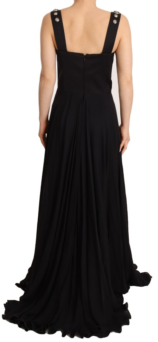 Long black silk dress with studded detailing and a-line skirt