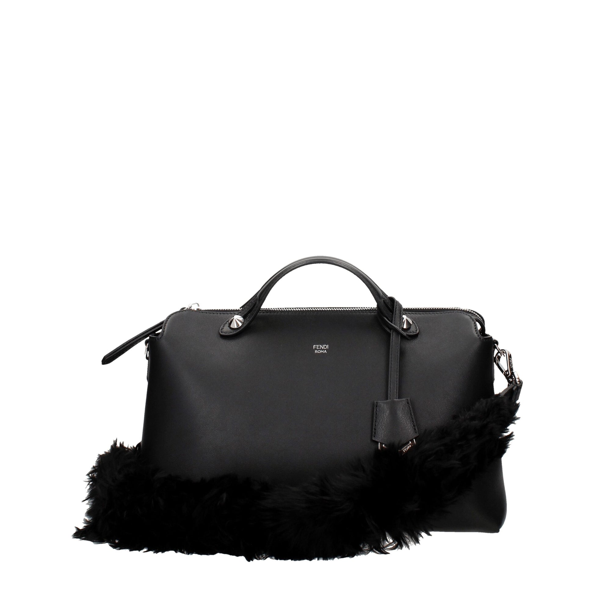 Black leather handbag with fur trim