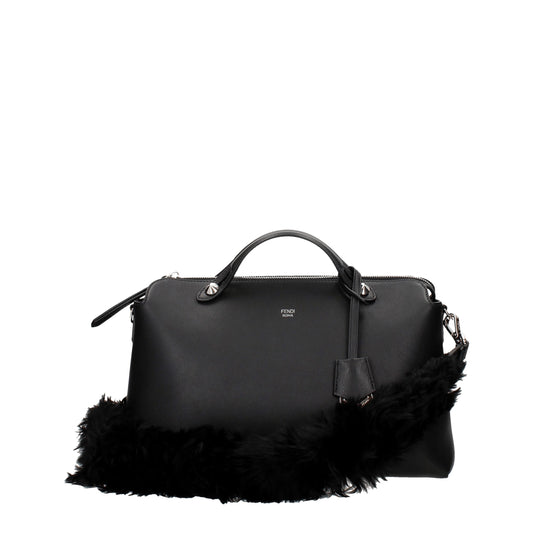 Black leather handbag with fur trim
