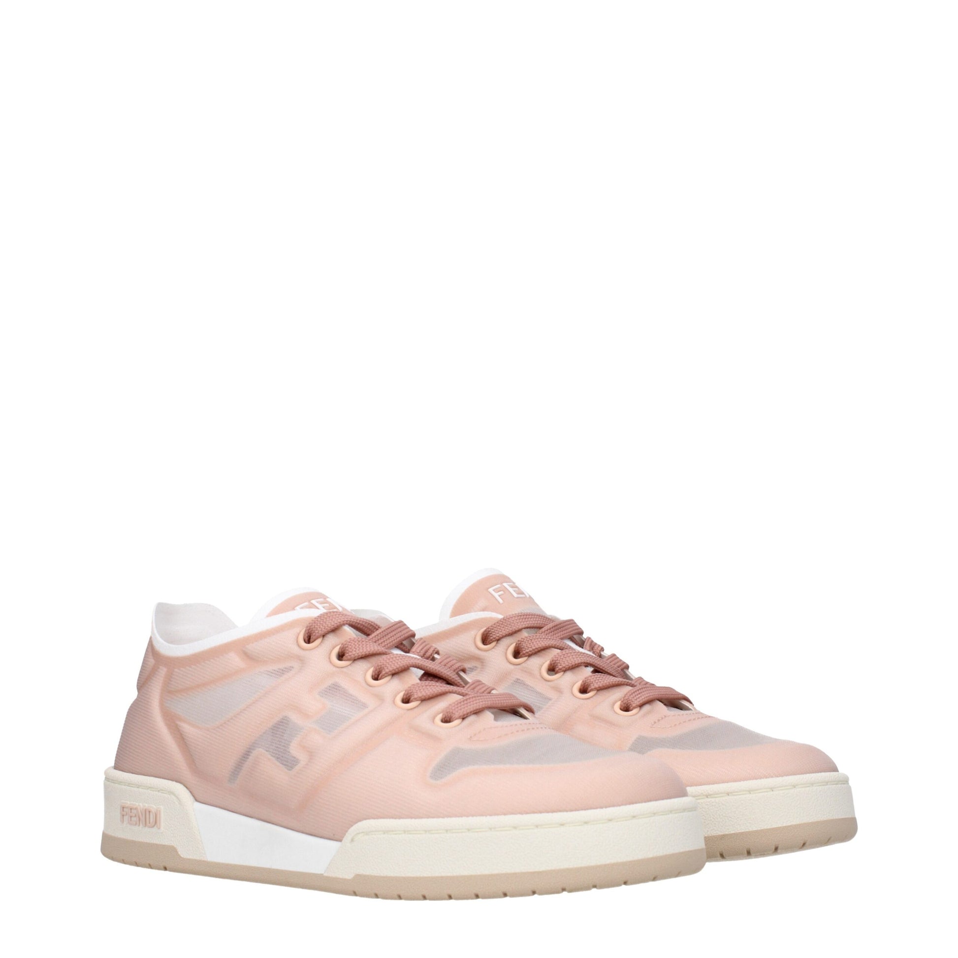 Pink sneakers with white laces and soles, featuring brand name on side