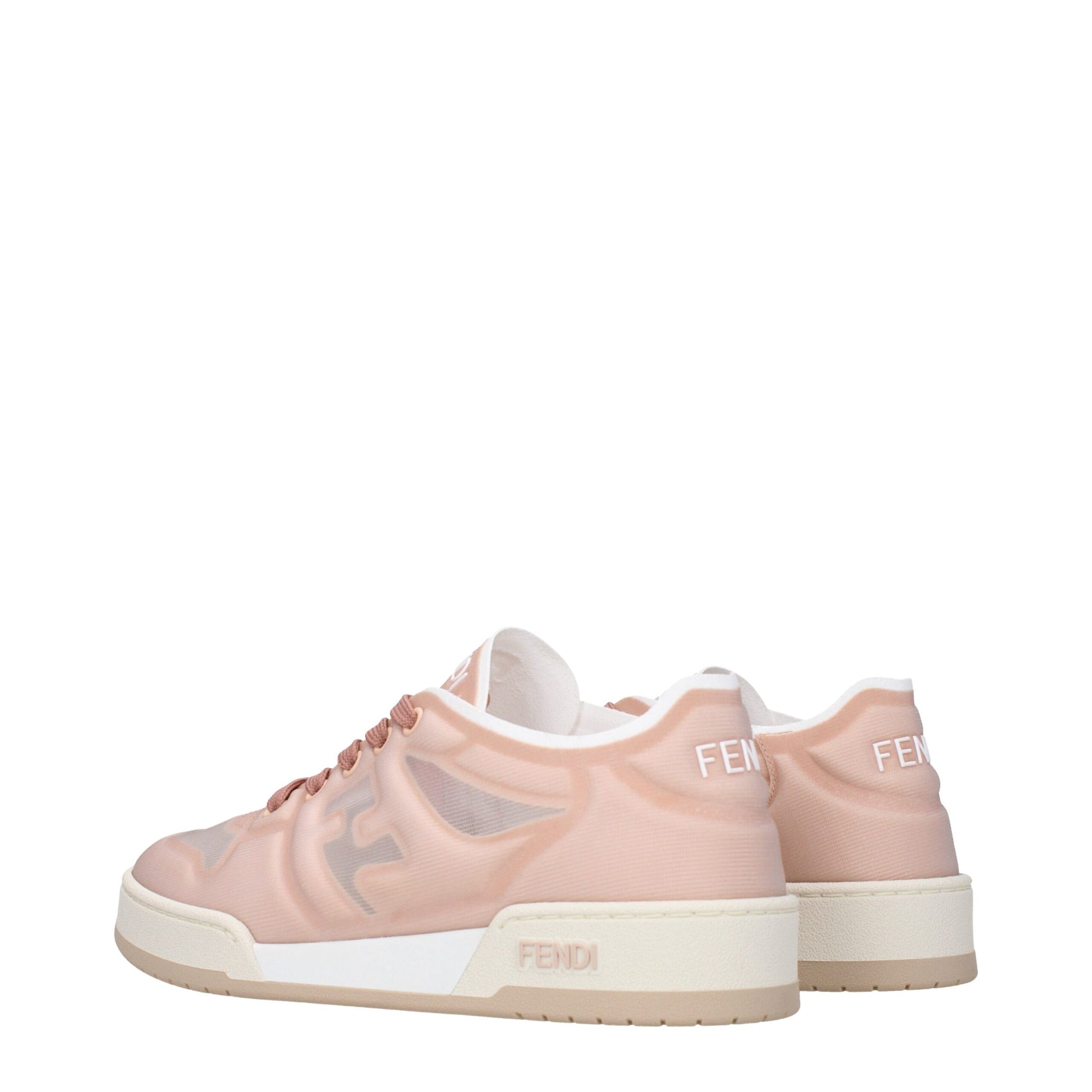 Pair of pink sneakers with white soles, featuring the brand name "FENDI" on side and sole