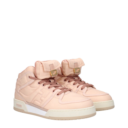 Pink high top sneakers with white sole, laces, and logo