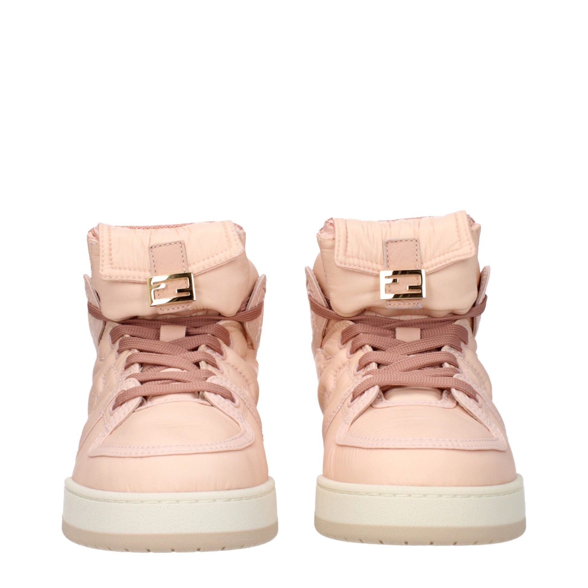 Pair of pink nylon high top sneakers with gold buckle and laces, featuring a chunky sole