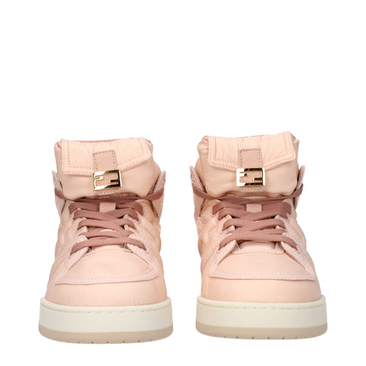 Pair of pink nylon high top sneakers with gold buckle and laces, featuring a chunky sole