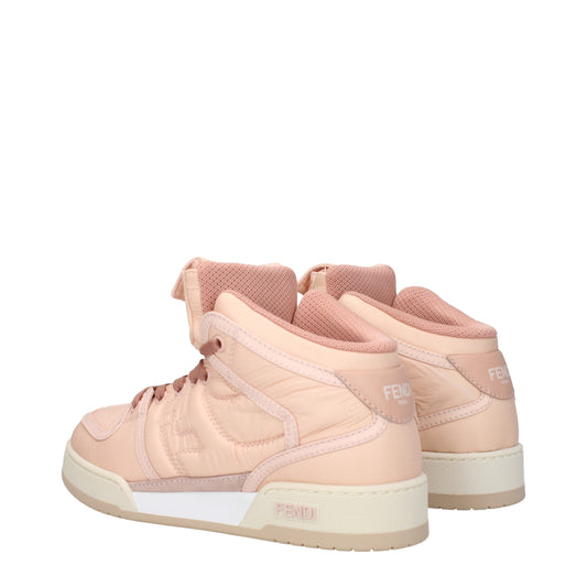 Pair of pink high top sneakers with white soles, featuring a logo on the side and tongue