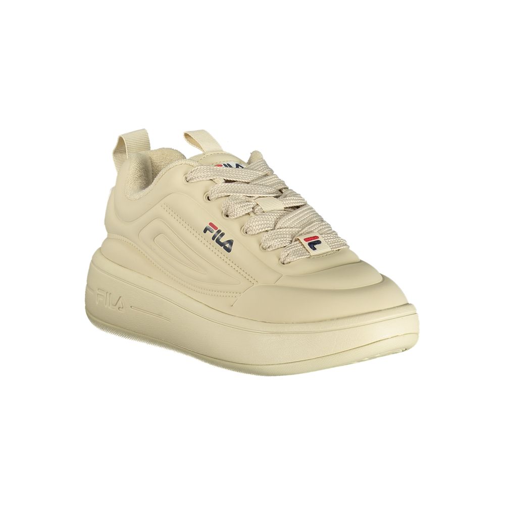 Tan Fila sneakers with white laces and logo on side