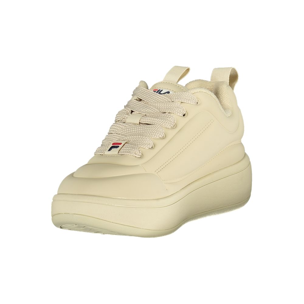 Tan women's sneaker with white laces and logo on side