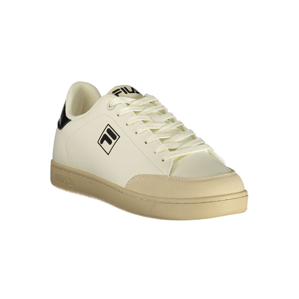 White Fila sneakers with black laces, gold sole, and logo on side