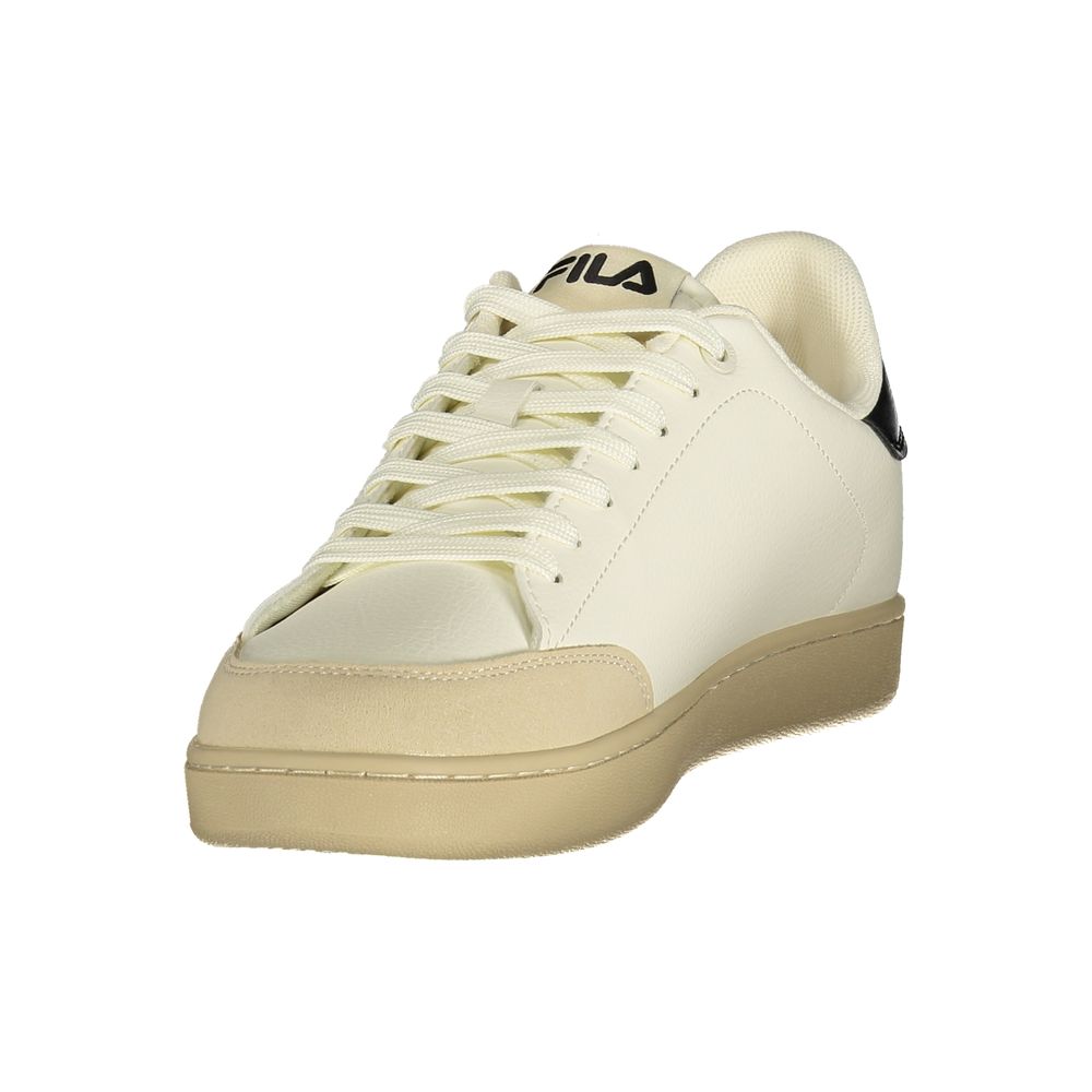 A white and tan Fila sneaker with a lace-up front, designed for men
